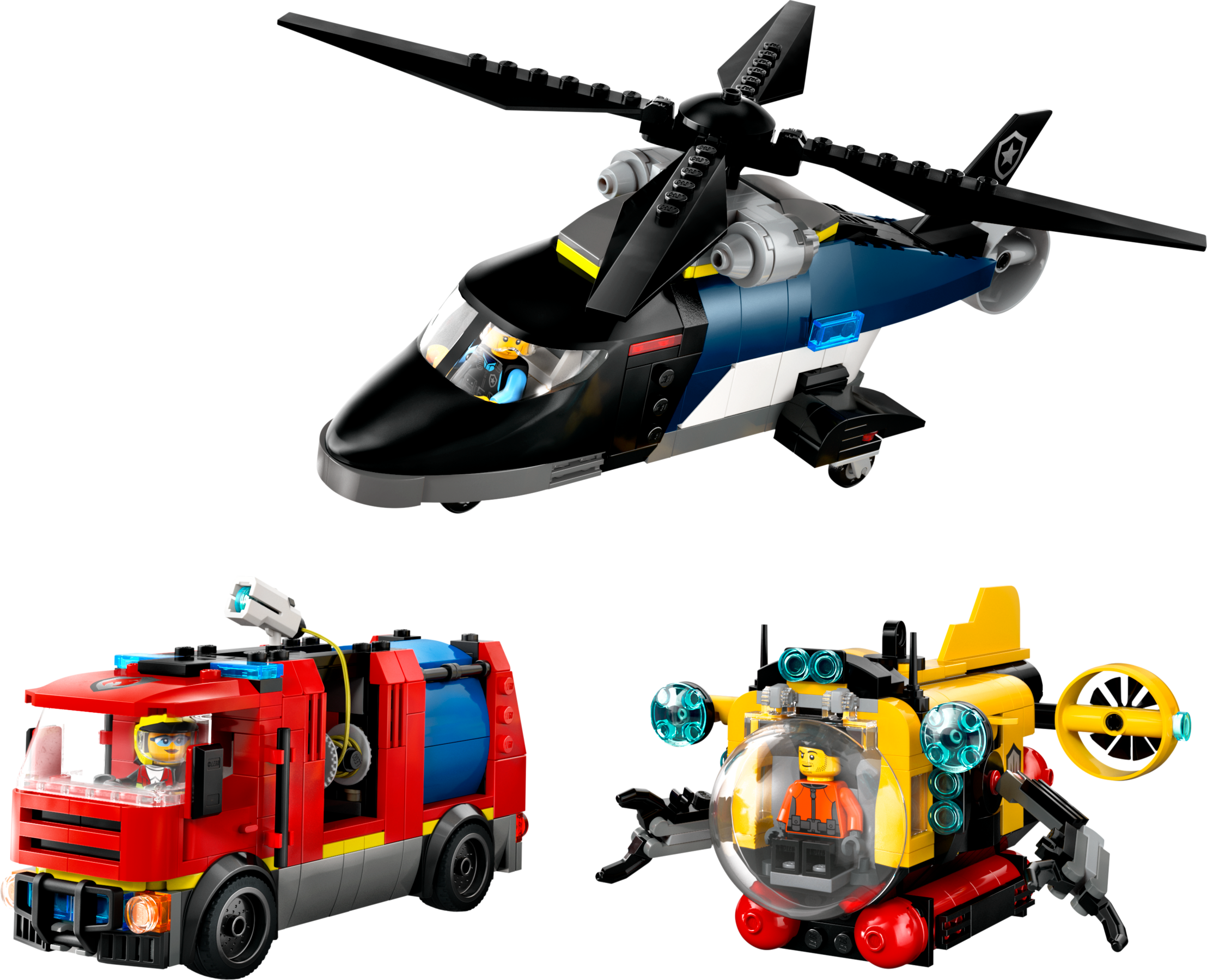 Zestaw z helikopterem, wozem strażackim i łodzią podwodną