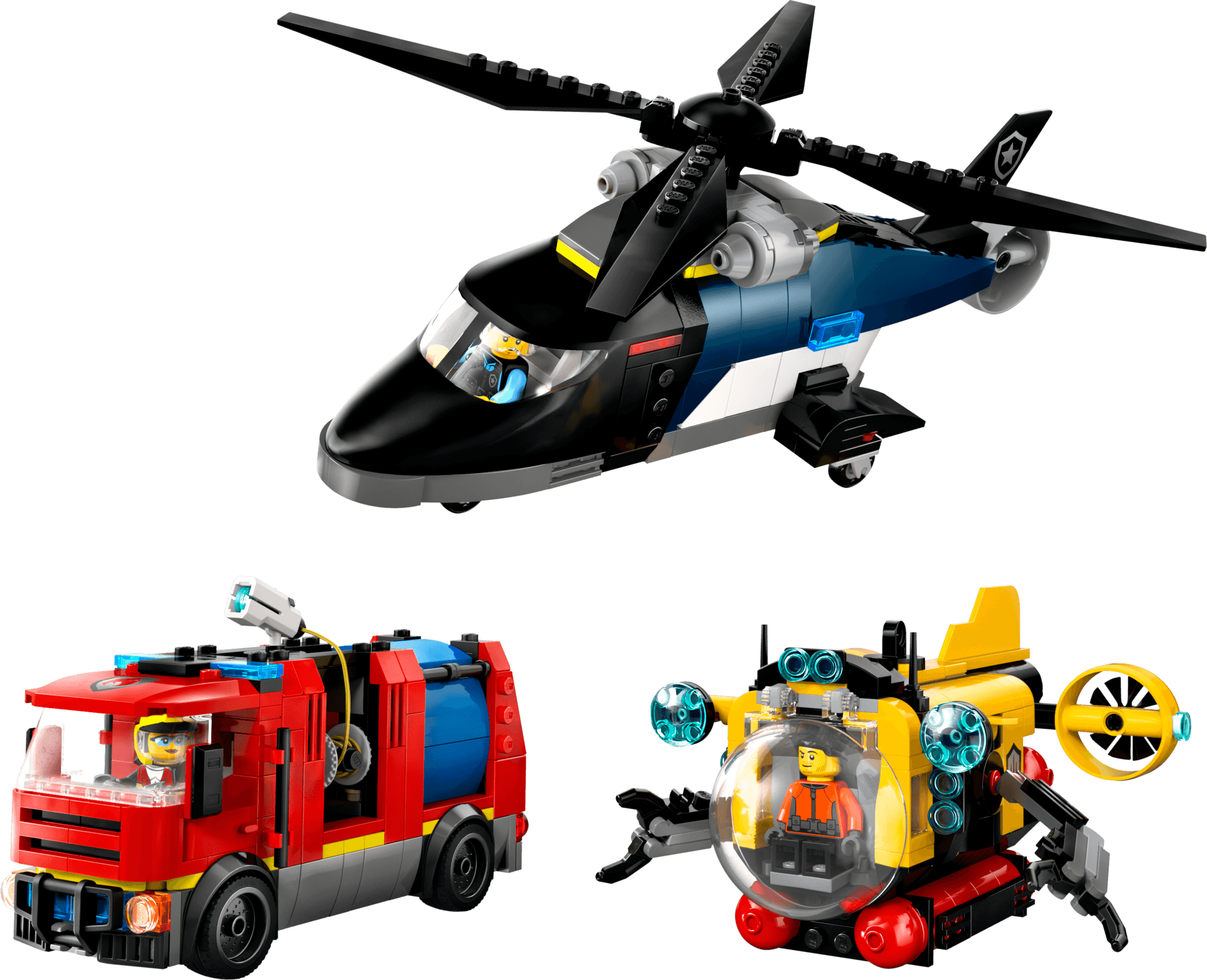 Zestaw z helikopterem, wozem strażackim i łodzią podwodną