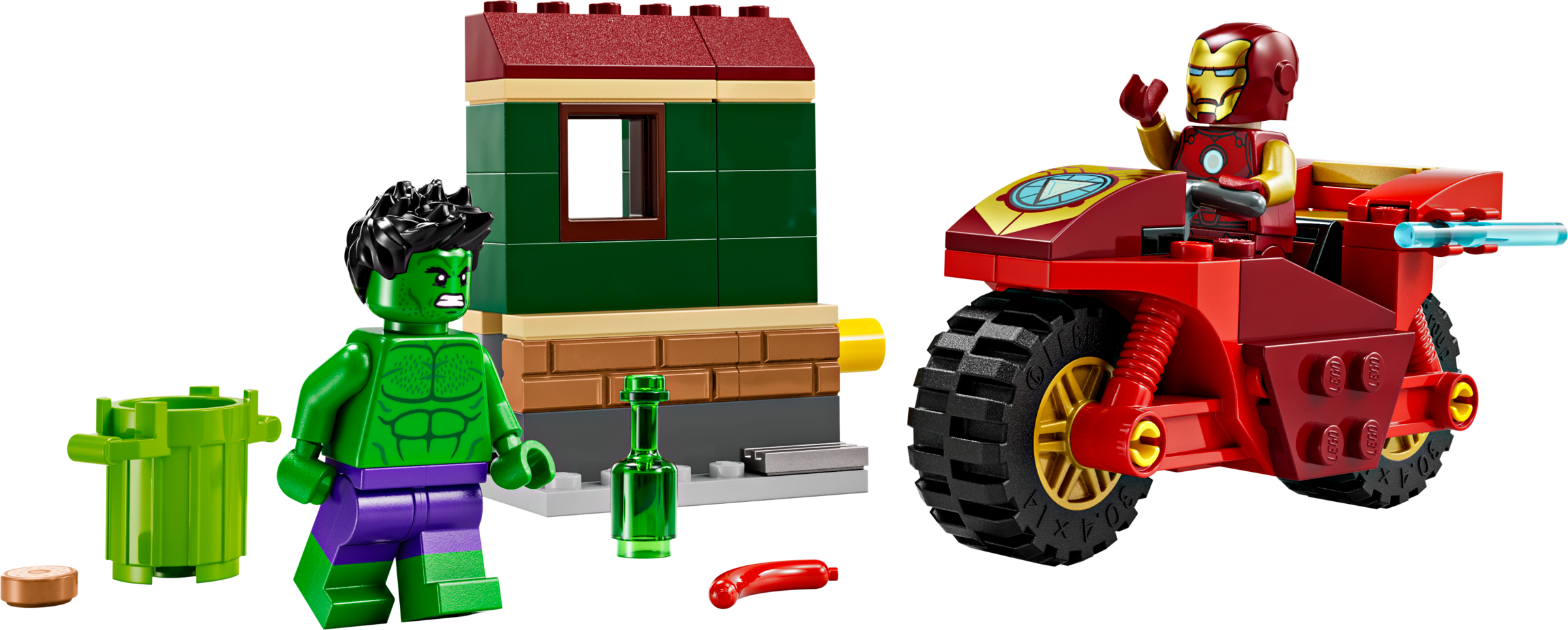 Iron Man z motocyklem i Hulk
